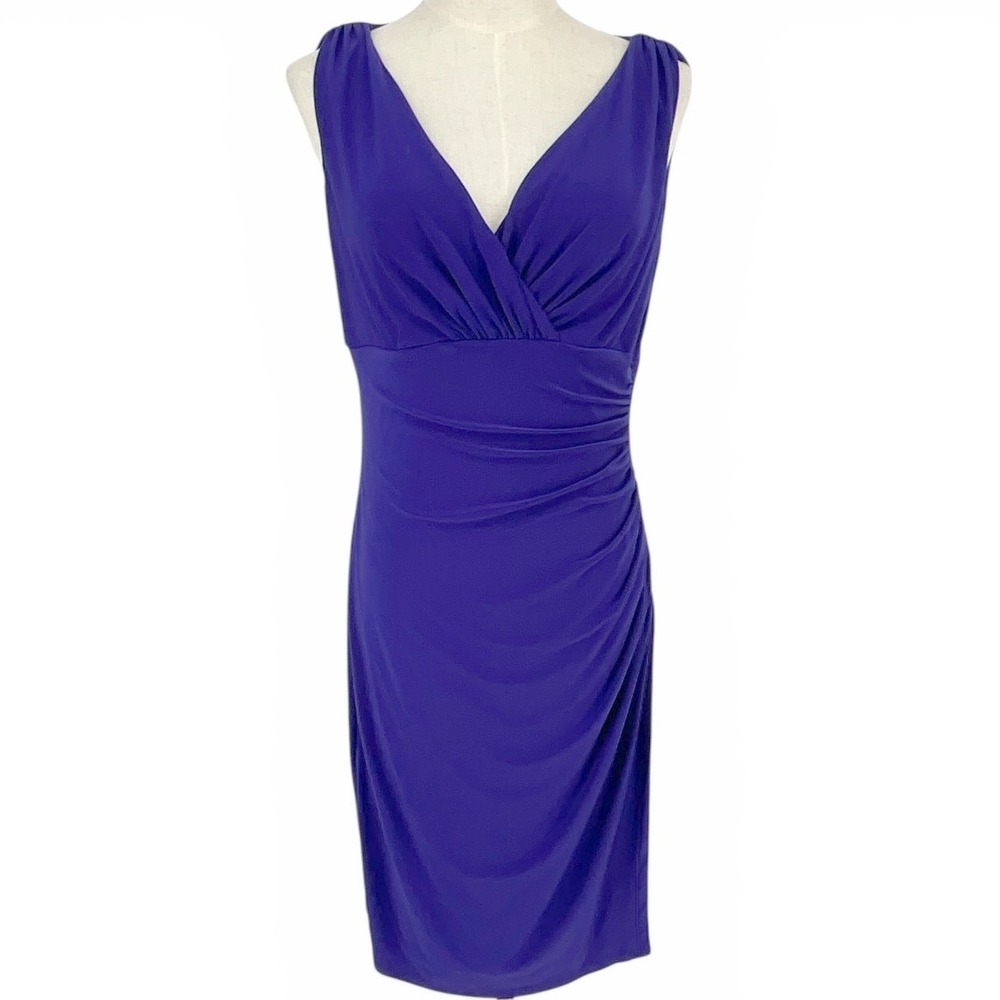 Lauren Ralph Lauren Royal Blue Ruched V-Neck Cocktail Sheath Dress Womens 8